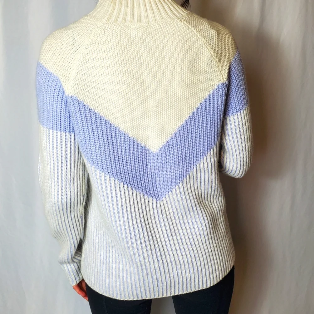 Anthropologie Rue and Willow Cream, Periwinkle Striped Mockneck Cashmere Sweater - Picture 4 of 10